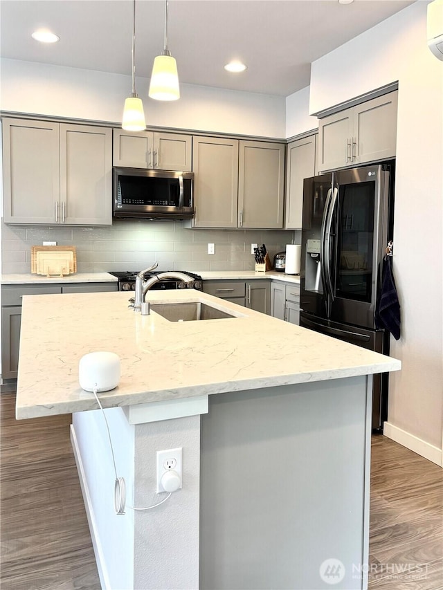 18901 12th Pl W Unit A1, Lynnwood, WA 98036 - kitchen featuring stainless steel microwave, gray cabinetry, black refrigerator with ice dispenser, a sink, and recessed lighting