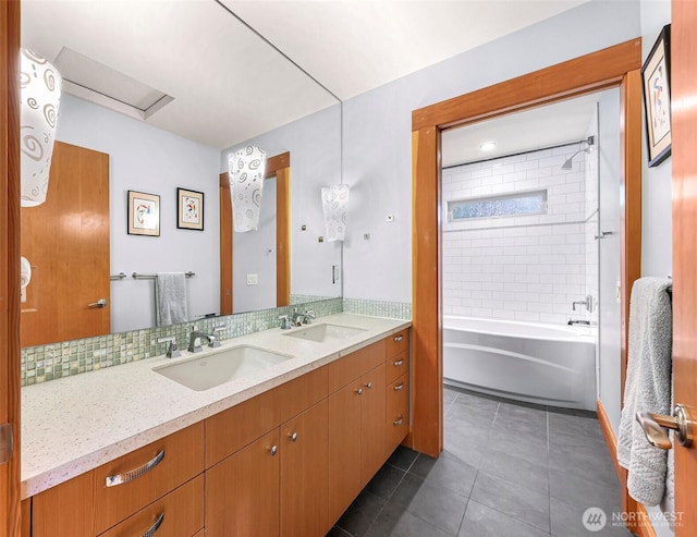 891 E Lake Samish Dr, Bellingham, WA 98229 - full bathroom featuring tile patterned flooring, double vanity, shower / washtub combination, and tasteful backsplash