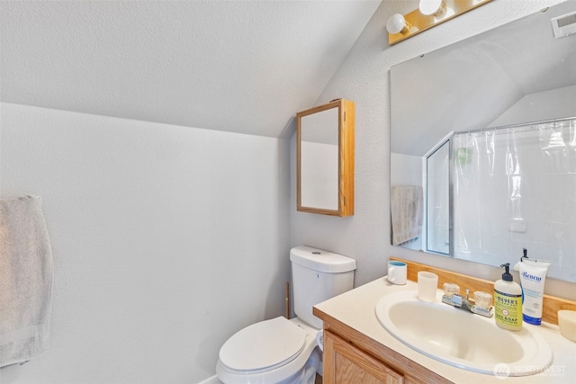 125 99th Street Ct E, Tacoma, WA 98445 - bathroom featuring lofted ceiling, toilet, vanity, and curtained shower
