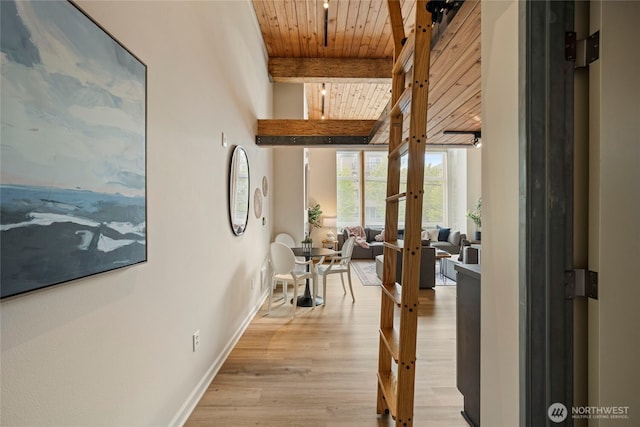 1812 19th Ave Unit 205, Seattle, WA 98122 - hallway with wood ceiling with exposed beams, french doors, light wood-type flooring, and baseboards