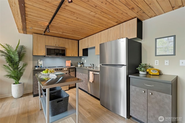 1812 19th Ave Unit 205, Seattle, WA 98122 - kitchen with appliances with stainless steel finishes, wood ceiling, light wood finished floors, a sink, and rail lighting