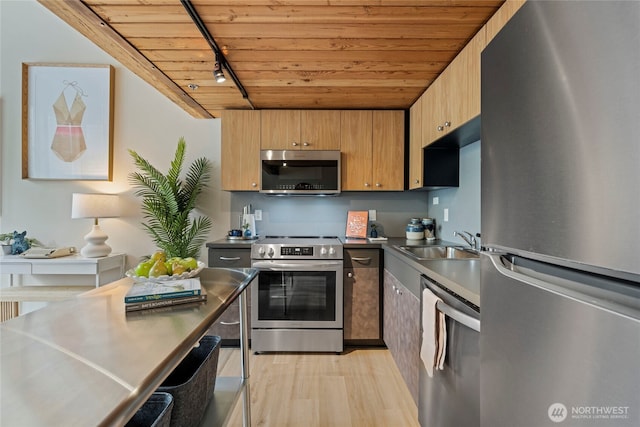 1812 19th Ave Unit 205, Seattle, WA 98122 - kitchen featuring stainless steel appliances, stainless steel countertops, wooden ceiling, track lighting, and light wood finished floors