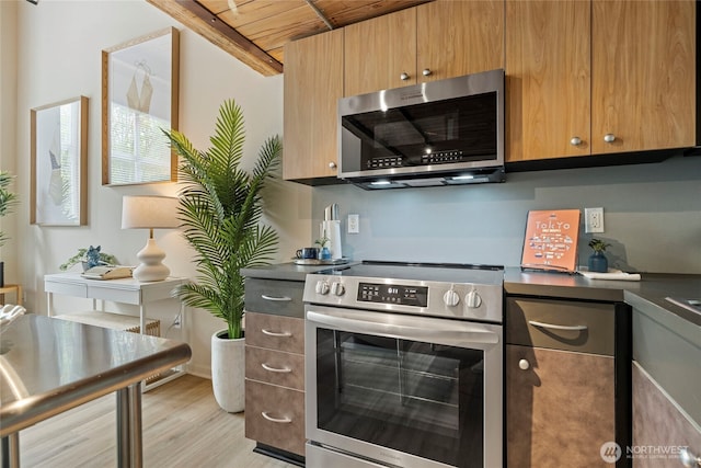 1812 19th Ave Unit 205, Seattle, WA 98122 - kitchen featuring stainless steel appliances, light wood-style flooring, dark countertops, and wood ceiling