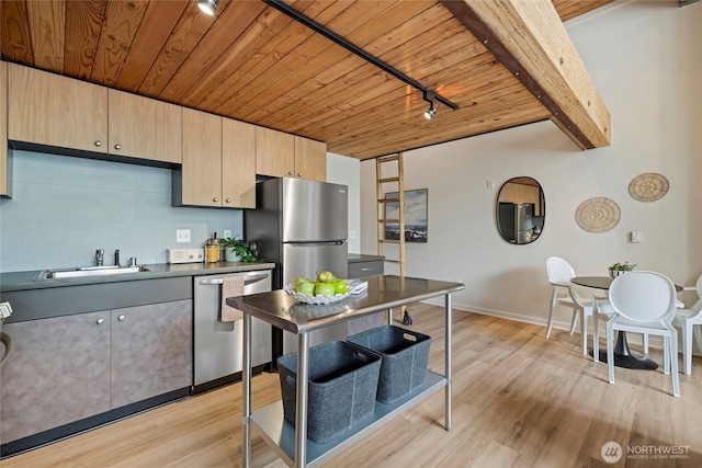 1812 19th Ave Unit 205, Seattle, WA 98122 - kitchen featuring appliances with stainless steel finishes, wood ceiling with exposed beams, a sink, track lighting, and light brown cabinetry