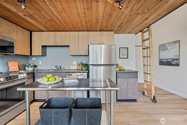 1812 19th Ave Unit 205, Seattle, WA 98122 - kitchen featuring appliances with stainless steel finishes, wood ceiling, light wood-type flooring, dark countertops, and a sink