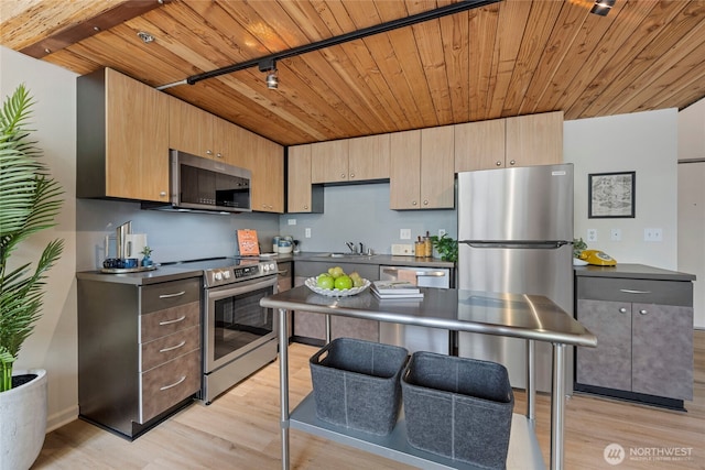 1812 19th Ave Unit 205, Seattle, WA 98122 - kitchen featuring stainless steel appliances, wooden ceiling, light wood finished floors, and dark countertops