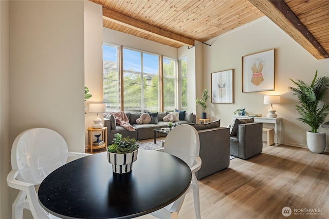 1812 19th Ave Unit 205, Seattle, WA 98122 - dining space with wood ceiling with exposed beams, light wood finished floors, and baseboards