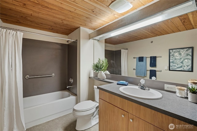 1812 19th Ave Unit 205, Seattle, WA 98122 - bathroom featuring wooden ceiling, vanity, shower / bath combo with shower curtain, and toilet