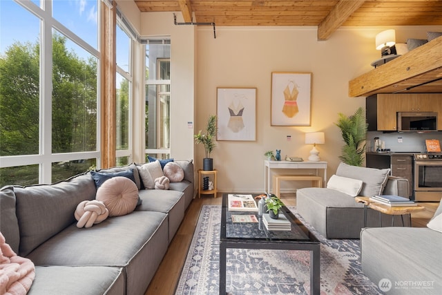 1812 19th Ave Unit 205, Seattle, WA 98122 - living area featuring wood ceiling with exposed beams and wood finished floors