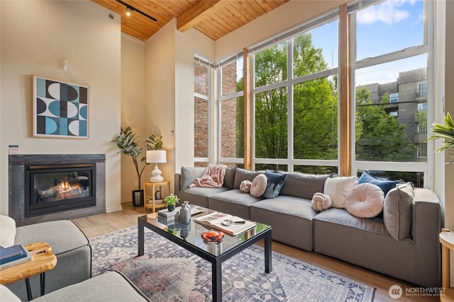 1812 19th Ave Unit 205, Seattle, WA 98122 - living area featuring wood ceiling, wood finished floors, and a glass covered fireplace