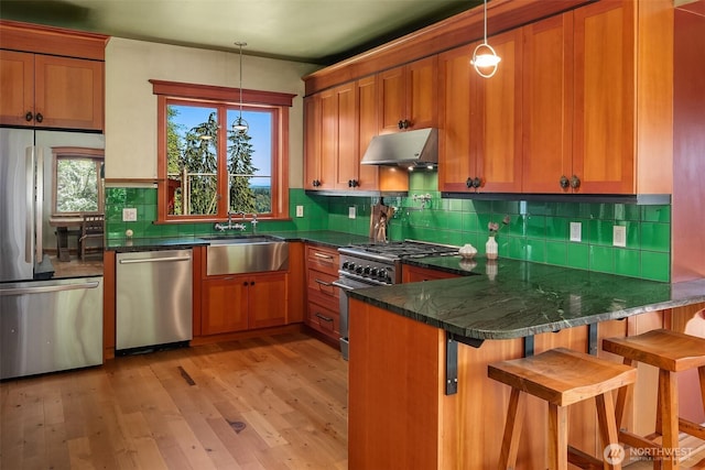 12010 SW Wesleyan Way Unit 1, Vashon, WA 98070 - kitchen featuring stainless steel appliances, a sink, under cabinet range hood, brown cabinetry, and a peninsula