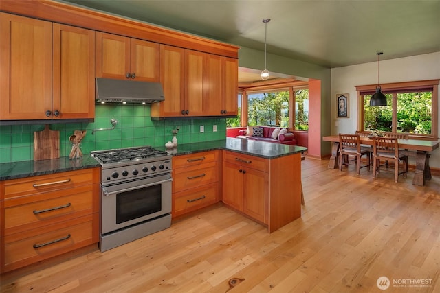 12010 SW Wesleyan Way Unit 1, Vashon, WA 98070 - kitchen with stainless steel gas range, under cabinet range hood, a peninsula, backsplash, and light wood-style floors
