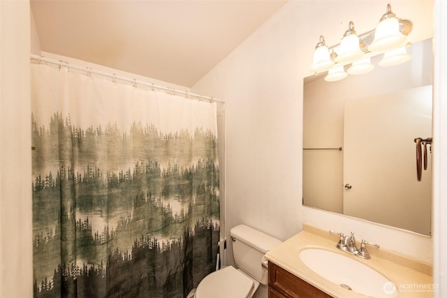 402 Toad Rd, Sequim, WA 98382 - full bathroom featuring vanity, toilet, and a shower with curtain
