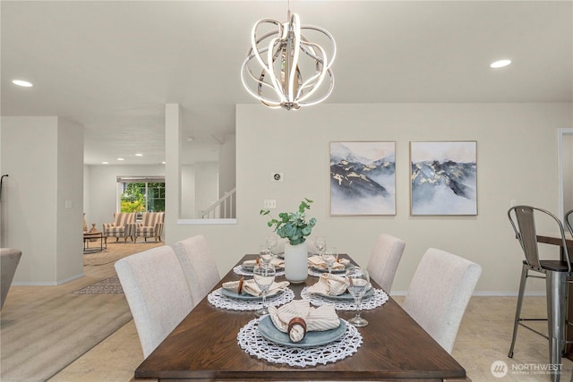 dining space featuring recessed lighting, stairs, a chandelier, and baseboards