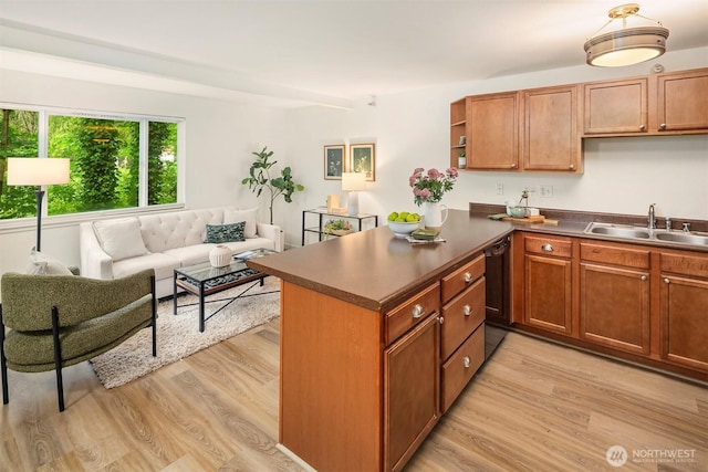 700 Front St S Unit D106, Issaquah, WA 98027 - kitchen with a sink, light wood-style flooring, dark countertops, and open shelves