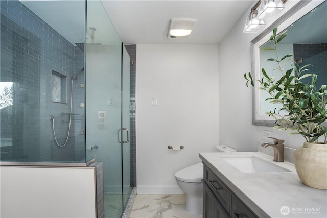 1420 Mitchell Rd, Lake Stevens, WA 98258 - full bath with marble finish floors, baseboards, a shower stall, vanity, and toilet