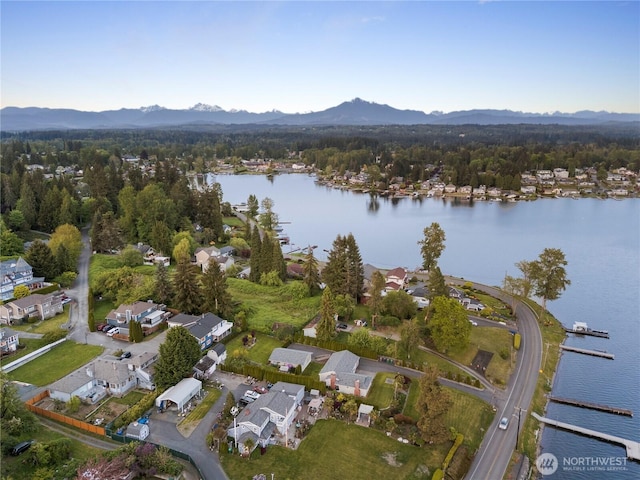 1420 Mitchell Rd, Lake Stevens, WA 98258 - aerial overview of property's location with nearby suburban area, a water and mountain view, and a heavily wooded area