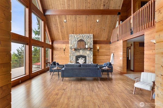 790 N Hamma Ridge Dr, Lilliwaup, WA 98555 - living area featuring high vaulted ceiling, wood ceiling with exposed beams, wood walls, a fireplace, and hardwood / wood-style floors
