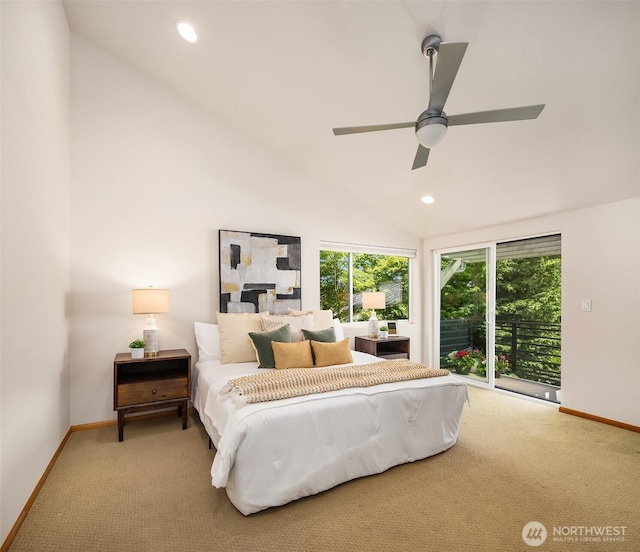 1833 27th Ave, Seattle, WA 98122 - carpeted bedroom with access to exterior, baseboards, recessed lighting, ceiling fan, and high vaulted ceiling