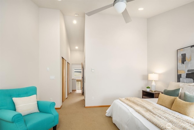 1833 27th Ave, Seattle, WA 98122 - bedroom with light colored carpet, recessed lighting, baseboards, a ceiling fan, and a high ceiling