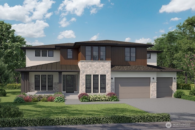 27 Tulalip Ky, Bellevue, WA 98006 - contemporary home featuring stone siding, a standing seam roof, concrete driveway, a front yard, and an attached garage