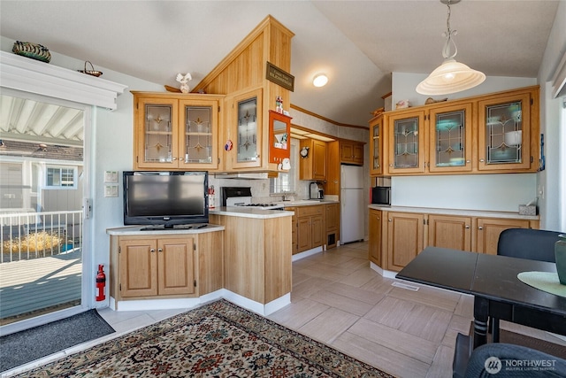 4751 Birch Bay Lynden Rd Unit 51, Blaine, WA 98230 - kitchen with vaulted ceiling, freestanding refrigerator, light countertops, glass insert cabinets, and plenty of natural light
