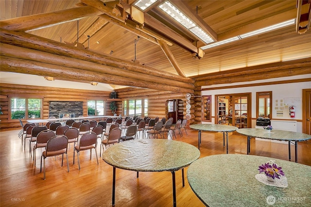 4751 Birch Bay Lynden Rd Unit 51, Blaine, WA 98230 - dining room featuring log walls, wood ceiling with exposed beams, high vaulted ceiling, and wood finished floors