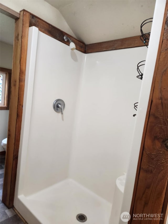12597 US Highway 12, Randle, WA 98377 - full bath featuring a shower stall, toilet, and lofted ceiling