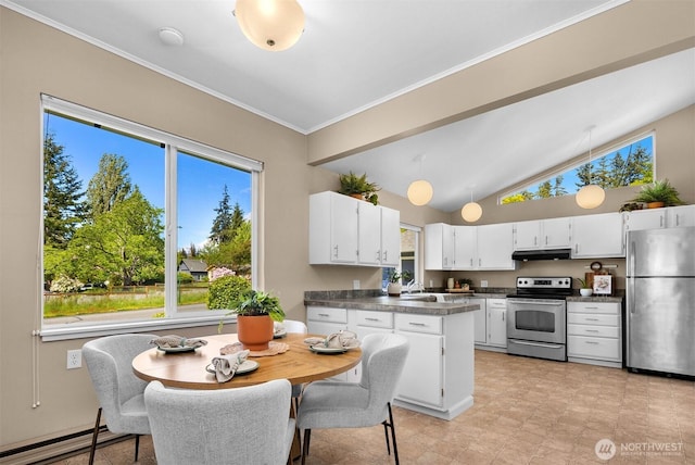 2404 Old Lakeway Dr, Bellingham, WA 98229 - kitchen featuring stainless steel appliances, under cabinet range hood, dark countertops, a baseboard radiator, and a sink