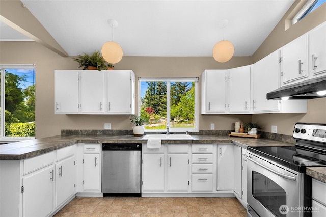 2404 Old Lakeway Dr, Bellingham, WA 98229 - kitchen featuring stainless steel appliances, under cabinet range hood, a sink, white cabinetry, and dark countertops