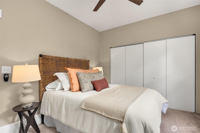 2404 Old Lakeway Dr, Bellingham, WA 98229 - bedroom with light carpet, a closet, ceiling fan, and lofted ceiling