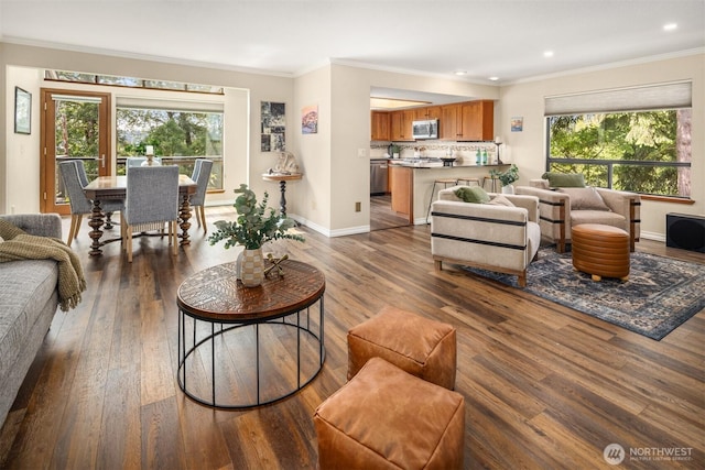 3716 Lake Washington Blvd SE Unit C, Bellevue, WA 98006 - living area featuring plenty of natural light, dark wood-type flooring, recessed lighting, baseboards, and ornamental molding