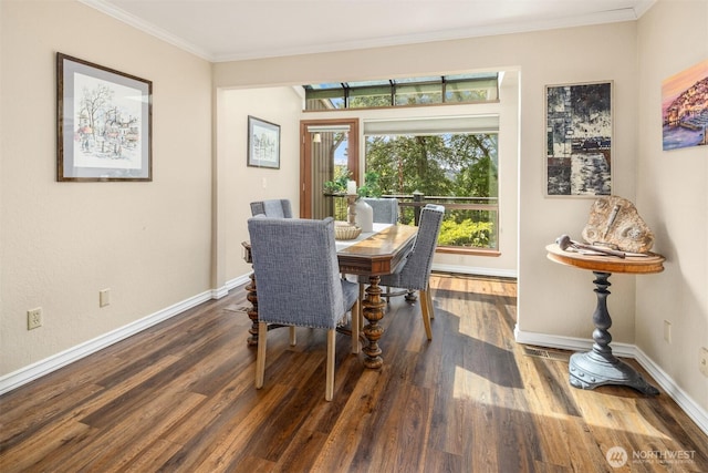3716 Lake Washington Blvd SE Unit C, Bellevue, WA 98006 - dining space featuring ornamental molding, wood finished floors, and baseboards