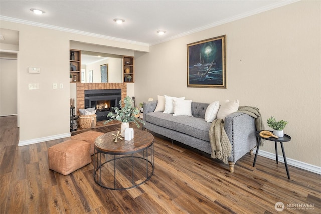 3716 Lake Washington Blvd SE Unit C, Bellevue, WA 98006 - living area with wood finished floors, baseboards, ornamental molding, a fireplace, and built in features