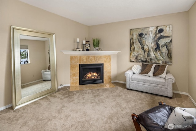 3716 Lake Washington Blvd SE Unit C, Bellevue, WA 98006 - carpeted living area with a tiled fireplace and baseboards
