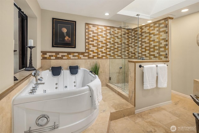 3716 Lake Washington Blvd SE Unit C, Bellevue, WA 98006 - bathroom with a shower stall, a tub with jets, recessed lighting, and tile walls