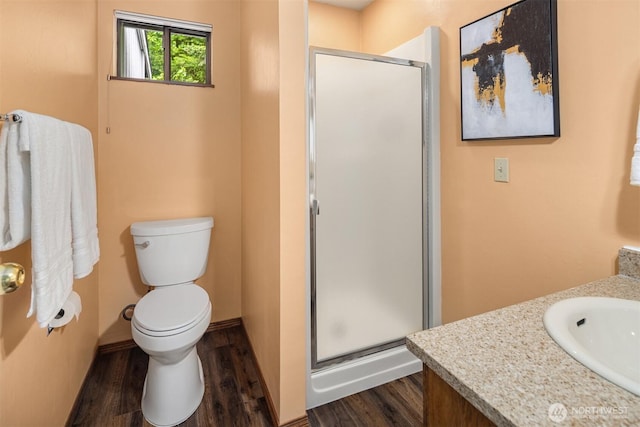 3716 Lake Washington Blvd SE Unit C, Bellevue, WA 98006 - full bathroom with wood finished floors, a shower stall, toilet, and vanity