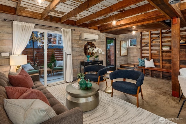 4256 S Spencer St Unit 2, Seattle, WA 98118 - living area featuring wood walls, a wall mounted air conditioner, plenty of natural light, concrete floors, and wood ceiling with exposed beams