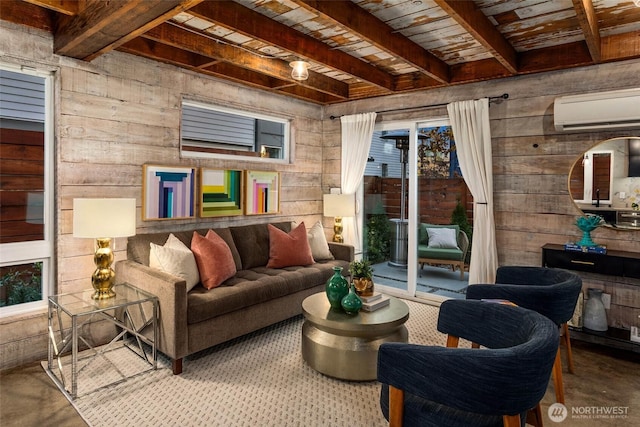 4256 S Spencer St Unit 2, Seattle, WA 98118 - living room featuring a wall mounted AC, wood walls, wood ceiling with exposed beams, and concrete flooring