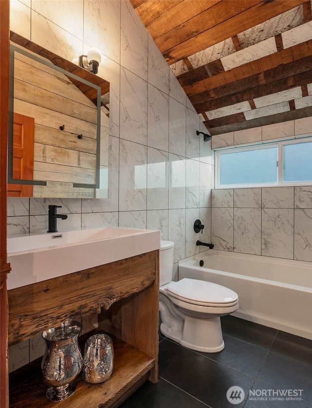 4256 S Spencer St Unit 2, Seattle, WA 98118 - full bath featuring wooden ceiling, lofted ceiling, shower / bath combination, toilet, and tile walls