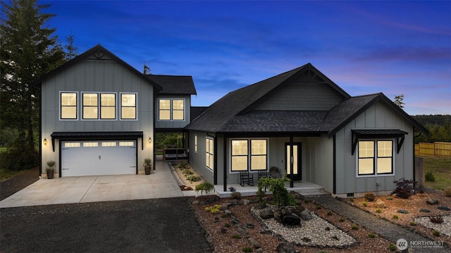 321 W Berry Ridge Rd, Shelton, WA 98584 - modern farmhouse style home featuring covered porch, board and batten siding, concrete driveway, a shingled roof, and an attached garage
