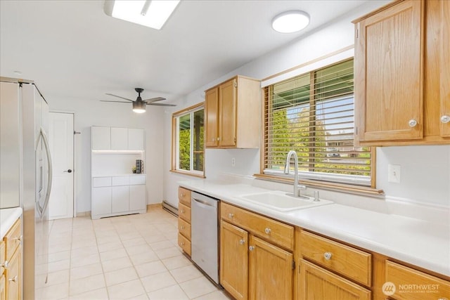 8315 NW 7th Ave, Vancouver, WA 98665 - kitchen with fridge with ice dispenser, stainless steel dishwasher, a sink, light countertops, and a ceiling fan