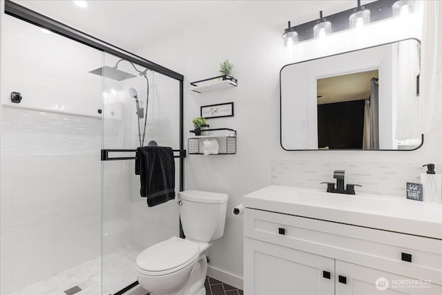 8315 NW 7th Ave, Vancouver, WA 98665 - bathroom featuring toilet, backsplash, a stall shower, and vanity