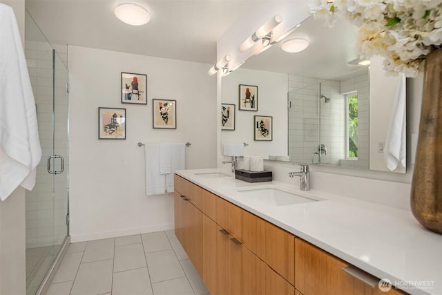 5802 43rd Ave NE, Seattle, WA 98105 - bathroom featuring double vanity, a shower stall, tile patterned floors, and baseboards