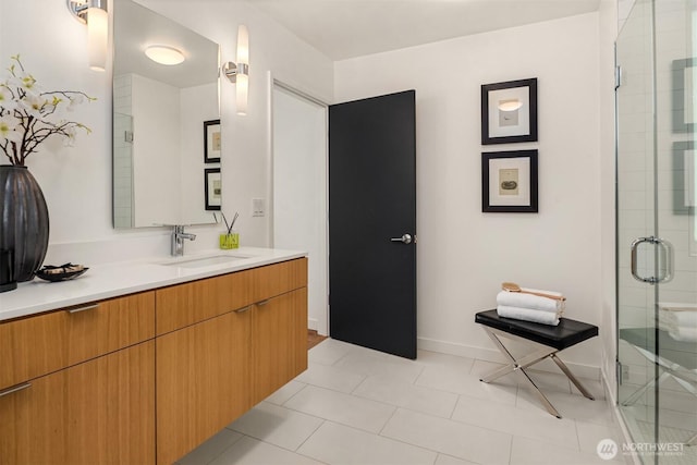 5802 43rd Ave NE, Seattle, WA 98105 - bathroom featuring vanity, a shower stall, tile patterned floors, and baseboards