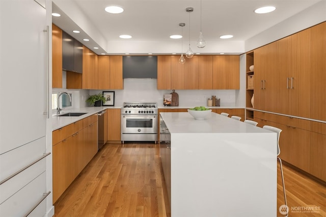 5802 43rd Ave NE, Seattle, WA 98105 - kitchen with stainless steel appliances, a sink, modern cabinets, light countertops, and light wood-style floors