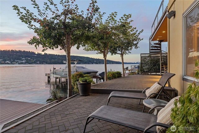3711 Lake Washington Blvd N, Renton, WA 98056 - view of patio / terrace with stairs, a water view, a dock, and boat lift