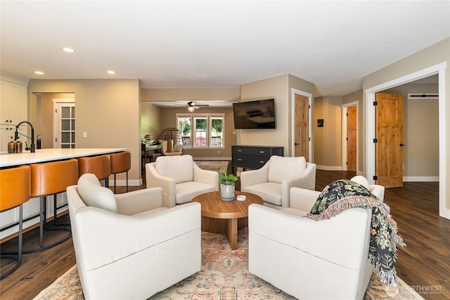 9111 Custer School Rd, Custer, WA 98240 - living room featuring baseboards, recessed lighting, wood finished floors, and ceiling fan