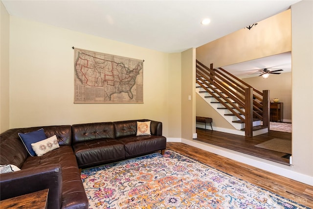 9111 Custer School Rd, Custer, WA 98240 - living room with stairs, wood finished floors, ceiling fan, recessed lighting, and baseboards