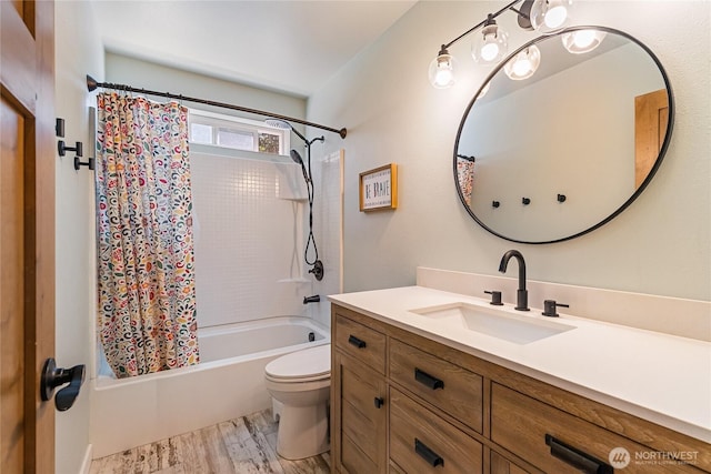 9111 Custer School Rd, Custer, WA 98240 - full bathroom with vanity, shower / bathtub combination with curtain, and toilet